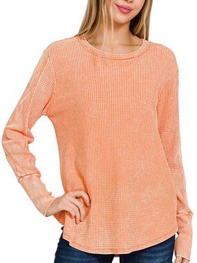 ZENANA Oversized Vintage Washed Waffle Long Sleeve Top in Peachy Orange
